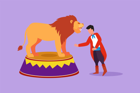 Cartoon flat style drawing lion standing on a circus chair or stage while following the instructions of his trainer. A very thrilling circus animal show performance. Graphic design vector illustrationのイラスト素材