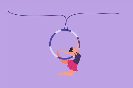 Graphic flat design drawing female acrobat performs on aerial hoop while dancing and has one arm and both legs stretched backwards. Circus show event entertainment. Cartoon style vector illustrationのイラスト素材