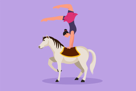 Graphic flat design drawing female acrobat performing hand stand dance on horseback. Funny circus horse lifting one of its legs. Circus show event entertainment. Cartoon draw style vector illustrationのイラスト素材