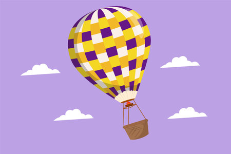 Graphic flat design drawing colorful hot air balloon with stripe pattern and passenger basket flying high into the sky. Vacation or adventure experience for family. Cartoon style vector illustrationのイラスト素材