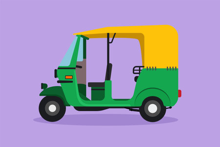 Cartoon flat style drawing side view of rickshaw is a traditional transportation in India which is still operating until now serving passengers. Vehicles on roadway. Graphic design vector illustrationのイラスト素材