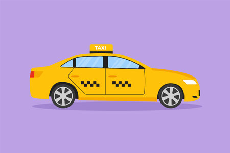 Cartoon flat style drawing newest modern taxi car uses a meter, GPS, and can be ordered online. Technological advances in transportation. Vehicle in urban lifestyle. Graphic design vector illustrationのイラスト素材