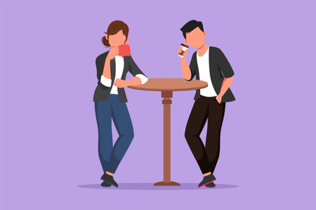 Cartoon flat style drawing loving couple is drinking coffee and stand at table in cafe. Friends or colleagues meeting in bistro, drinking beverage, pastime together. Graphic design vector illustrationのイラスト素材