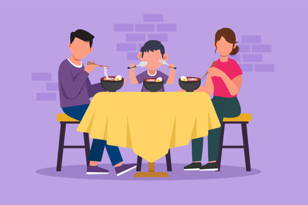 Cartoon flat style drawing father mother and little son character eating noodle at dining room. Happy family having dinner with delicious ramen. Tasty Japanese food. Graphic design vector illustrationのイラスト素材