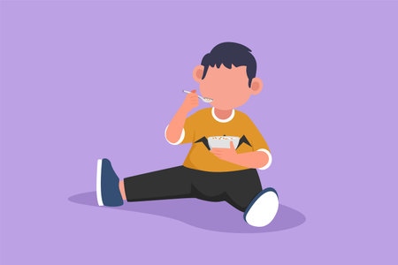 Character flat drawing little boy having cereal for breakfast. Happy kid eating cereal flakes sitting on floor. Activity of children day schedule or daily routine. Cartoon design vector illustrationのイラスト素材