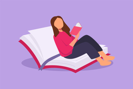 Character flat drawing young female reading, learning and sitting on open big book. Smart student studying in library. Literature fans, booklover, education concept. Cartoon design vector illustrationのイラスト素材