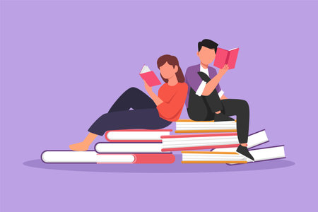Character flat drawing couple student woman and man reading, learning and sitting on big books. Study in library. Literature fans or lovers. Education and knowledge. Cartoon design vector illustrationのイラスト素材