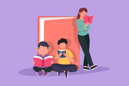 Graphic flat design drawing friendly family reads books together. Woman standing and lean on big book. Children are sitting on floor. Concept of joint family reading. Cartoon style vector illustrationのイラスト素材