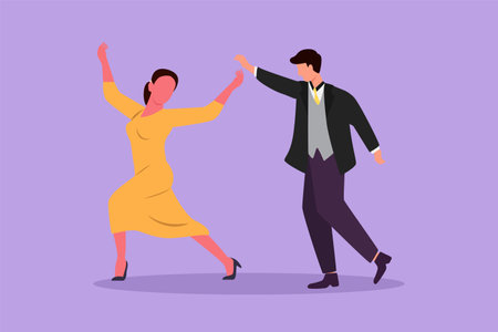 Graphic flat design drawing young man and woman professional dancer couple dancing tango, waltz dances on dancing contest dancefloor. Couple dance with elegant style. Cartoon style vector illustrationのイラスト素材