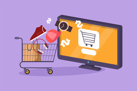 Character flat drawing of monitor screen and shopping cart with products purchased online. E-commerce and digital marketing. Order to cart. Online store technology. Cartoon design vector illustrationのイラスト素材