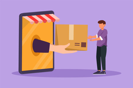 Cartoon flat style drawing young man receives package box from big hand that came out of large canopy smartphone screen. Digital delivery and online store concept. Graphic design vector illustrationのイラスト素材