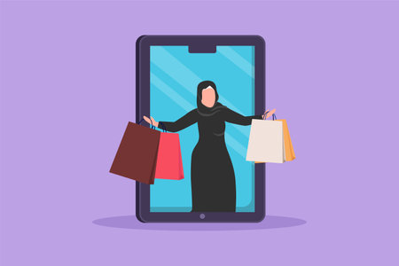 Character flat drawing Arabian woman coming out of large smartphone screen with holding shopping bags. Sale, digital lifestyle, consumerism. Online store technology. Cartoon design vector illustrationのイラスト素材