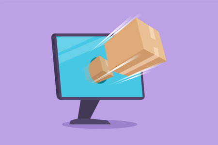 Character flat drawing package box out of monitor screen. Online delivery web concept. Fast respond and package shipping to customer. Online store technology. Cartoon draw design vector illustrationのイラスト素材