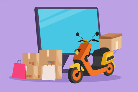 Character flat drawing giant computer monitor screen in front of courier scooter with cardboard and pile of package boxes. Online delivery service transport concept. Cartoon design vector illustrationのイラスト素材