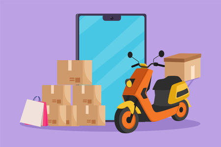 Cartoon flat style drawing giant smartphone or cell phone in front of courier scooter with cardboard and pile of package boxes. Online delivery service concept. Graphic draw design vector illustrationのイラスト素材