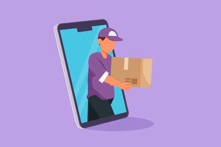 Character flat drawing male courier delivers box package, through smartphone screen. E-commerce. Online delivery service. Fast delivery parcel concept. Online store. Cartoon design vector illustrationのイラスト素材