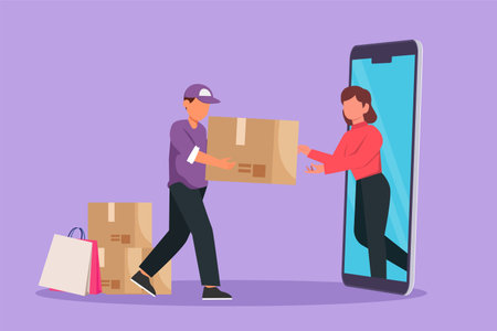 Character flat drawing female customer receives boxed package, through smartphone screen from male courier. Online delivery service concept. Online store technology. Cartoon design vector illustrationのイラスト素材