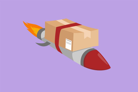 Graphic flat design drawing of box package flies in the sky using rocket. E-commerce. Online delivery service. Fast delivery parcel. Online store shipping transport. Cartoon style vector illustrationのイラスト素材