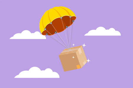 Character flat drawing box package fly through the sky using parachute. Online delivery service. Fast delivery parcel concept. Online store shipping transportation. Cartoon design vector illustrationのイラスト素材