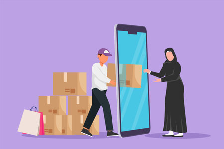 Cartoon flat style drawing male courier deliver box package and through smartphone screen to Arabian female customer. Online delivery service. Online store metaphor. Graphic design vector illustrationのイラスト素材