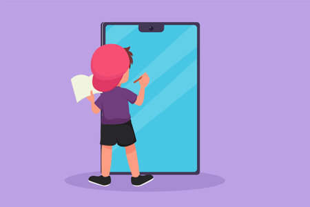 Graphic flat design drawing back view of pre schooler boy student writing on giant smartphone screen...