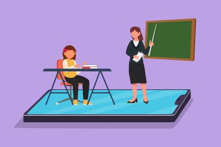 Character flat drawing beautiful female teacher teaching cute little girl junior high school student who sitting on chair near desk and studies on smartphone screen. Cartoon design vector illustrationのイラスト素材