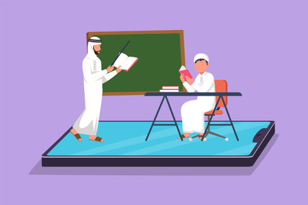 Cartoon flat style drawing of young Arabian male teacher teaching smart boy junior high school student who sitting on chair near desk and study on smartphone screen. Graphic design vector illustrationのイラスト素材