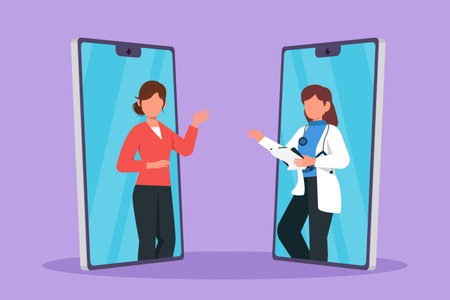 Cartoon flat style drawing two smartphone face to face contain female patient talking online with woman doctor while holding clipboard. Digital healthcare concept. Graphic design vector illustrationのイラスト素材
