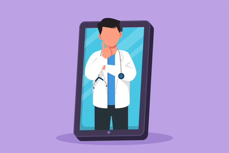 Cartoon flat style drawing male doctor comes out of smartphone screen while making thumb up gesture. Online consultation doctor concept. Digital healthcare metaphor. Graphic design vector illustrationのイラスト素材