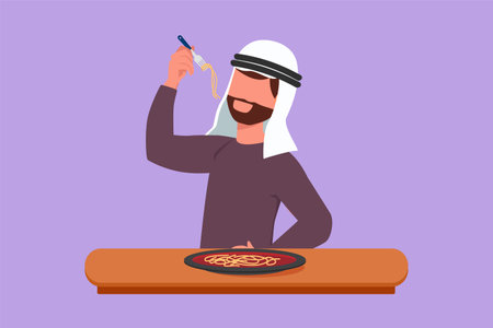 Graphic flat design drawing bearded Arab man having spaghetti meal with fork. Young male enjoy lunch with noodle at restaurant. Delicious and tasty fast food concept. Cartoon style vector illustrationのイラスト素材