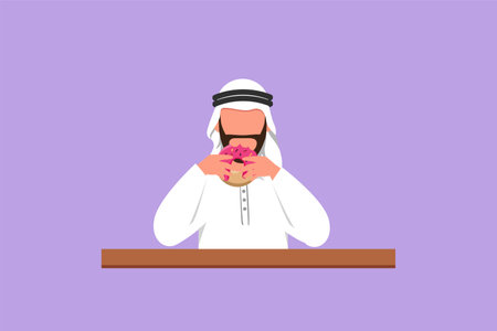 Character flat drawing of young Arabian man hold and eat sweet donut for breakfast. Happy male having yummy dessert and sitting at table. Delicious tasty fast food. Cartoon design vector illustrationのイラスト素材