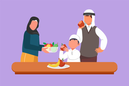 Character flat drawing healthy food for kids and Arab family concept. Happy father mother and little son characters eating and preparing healthy smoothie in kitchen. Cartoon design vector illustrationのイラスト素材