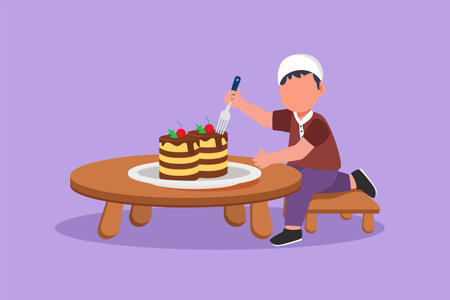 Character flat drawing happy cute little boy eating creamy birthday cake at table. Adorable Arabian kid enjoy sweet dessert snack. Favorite yummy treat for children. Cartoon design vector illustrationのイラスト素材