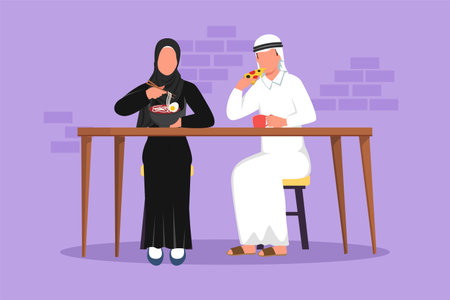 Cartoon flat style drawing Arabian couple sitting and eating at table, talking in fast food bistro, leisure time. Man and woman having meal, pizza, noodles together. Graphic design vector illustrationのイラスト素材