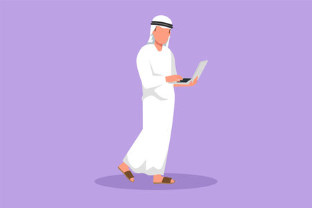 Graphic flat design drawing young Arab businessman standing and using laptop computer. Programmer coding new project using computer. Man holding laptop and working. Cartoon style vector illustrationのイラスト素材