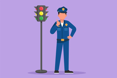 Graphic flat design drawing active policeman standing near traffic light with a thumbs up gesture and in full uniform works to control vehicle traffic on the highway. Cartoon style vector illustrationのイラスト素材
