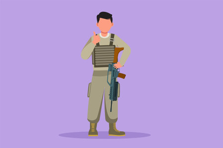 Cartoon flat style drawing male soldiers or army standing with weapons, full uniforms, and thumbs up gestures serving the country with strength of military forces. Graphic design vector illustrationのイラスト素材