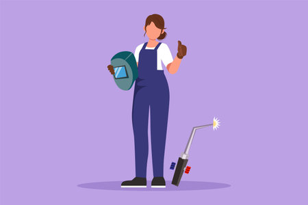 Cartoon flat style drawing female welder standing with thumbs up gesture and holding face shield ready to work in iron workshop. Manufacturing worker with metalwork. Graphic design vector illustrationのイラスト素材