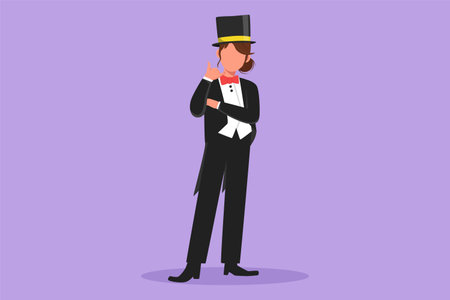 Character flat drawing beautiful female magician standing in suit with call me gesture and performing tricks with stick or magic wand at circus show entertainment. Cartoon design vector illustrationのイラスト素材