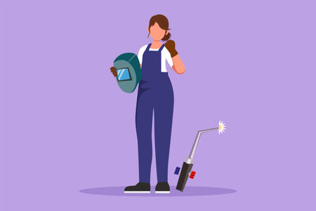 Cartoon flat style drawing female welder standing with celebrate gesture and holding face shield ready to work in iron workshop. Manufacturing worker with metalwork. Graphic design vector illustrationのイラスト素材