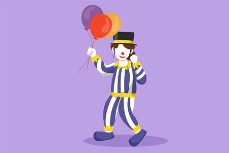 Character flat drawing female clown standing and holding balloons with celebrate gesture, wearing hat and clown costume ready to entertain audience in circus show. Cartoon design vector illustrationのイラスト素材