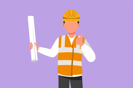 Character flat drawing male architect wearing vest and helmet with thumbs up gesture, carrying blueprint paper for the building work plan. Builder on work at site. Cartoon design vector illustrationのイラスト素材