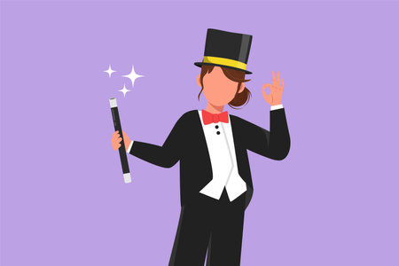 Cartoon flat style drawing beautiful female magician in tuxedo suit with okay gesture wearing hat and holding magic stick ready to entertain audience in circus show. Graphic design vector illustrationのイラスト素材