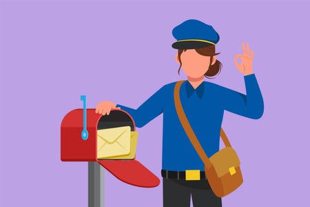 Cartoon flat style drawing beauty postwoman holding envelope on mail box with okay gesture, wearing hat, bag, uniform, working hard to delivery mail to home address. Graphic design vector illustrationのイラスト素材