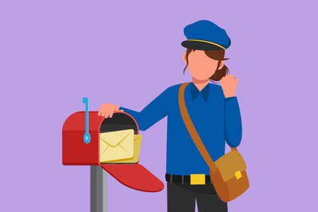 Cartoon flat style drawing postwoman holds envelope on mail box with celebrate gesture, wearing hat, bag, and uniform, working hard to delivery mail to home address. Graphic design vector illustrationのイラスト素材