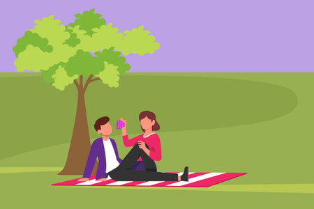 Character flat drawing romantic couple having picnic in summer park. Relaxing together sitting on ground. Happy young woman feeding grapes fruit to man at outdoor. Cartoon design vector illustrationのイラスト素材