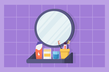 Graphic flat design drawing teeth and mouth cleaning supplies like toothbrush, toothpaste and mouthwash in bathroom sink with round mirror. Dental healthcare concept. Cartoon style vector illustrationのイラスト素材