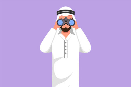 Cartoon flat style drawing Arabian businessman looking through binoculars searching for job. Find all opportunities in the world of suitable jobs. Business metaphor. Graphic design vector illustrationのイラスト素材
