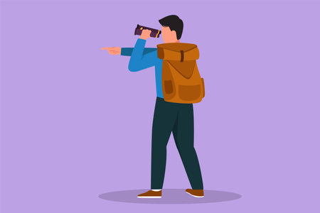 Character flat drawing male adventurer carrying backpack while looking through binoculars and pointing to somewhere. Exploration of mountainous or hilly landscapes. Cartoon design vector illustrationのイラスト素材