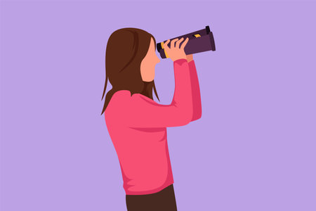 Cartoon flat style drawing side view of young woman looking in distance with binoculars. Enjoy...